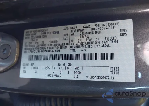 2022 Ford Escape Sel z USA, uszkodzony, nr VIN 1FMCU9H69NUB37576